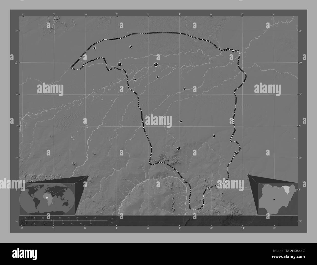Yobe, state of Nigeria. Bilevel elevation map with lakes and rivers ...