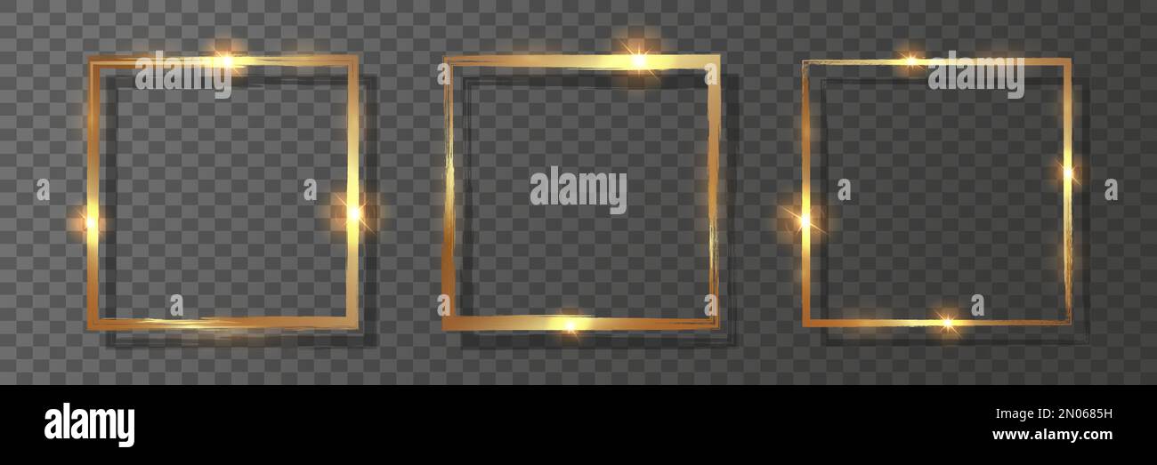 Decorative golden shiny square frames. Realistic gold borders on a