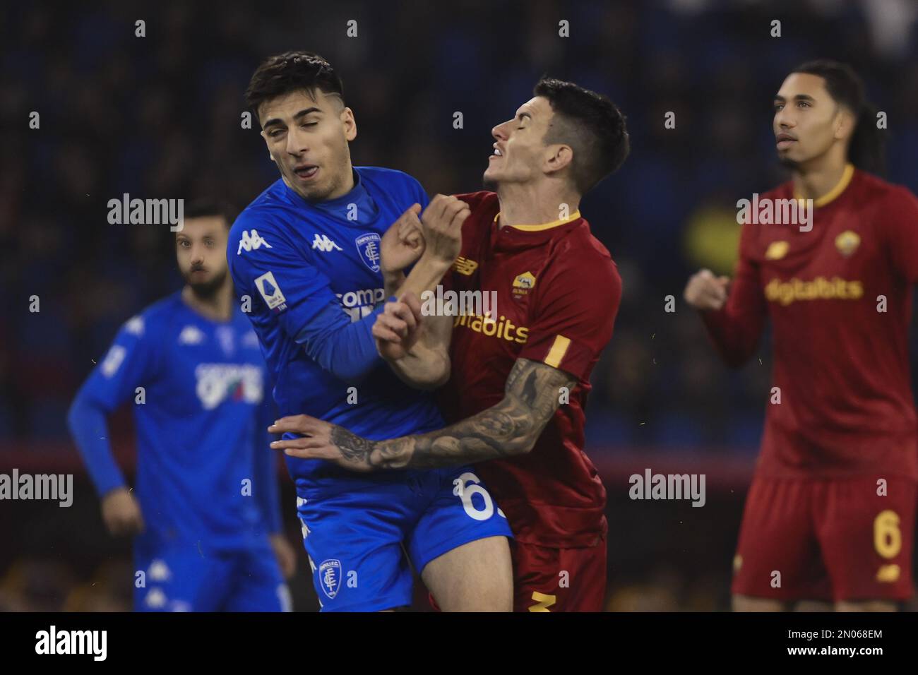 Rome, Italy. 04th Feb, 2023. Koni De Winter of Empoli F.C. and Roger Ibanez of A.S. Roma during the 21th day of the Serie A Championship between A.S. Roma vs Empoli F.C. on February 4, 2023 at the Stadio Olimpico in Rome, Italy. Credit: Independent Photo Agency/Alamy Live News Stock Photo