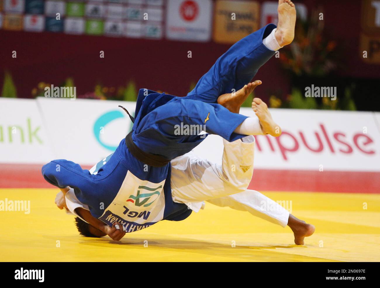 Romaric Bouda of France against Ariunbold Enkhtaivan of Mongolia, Men's 60Kg during the Judo