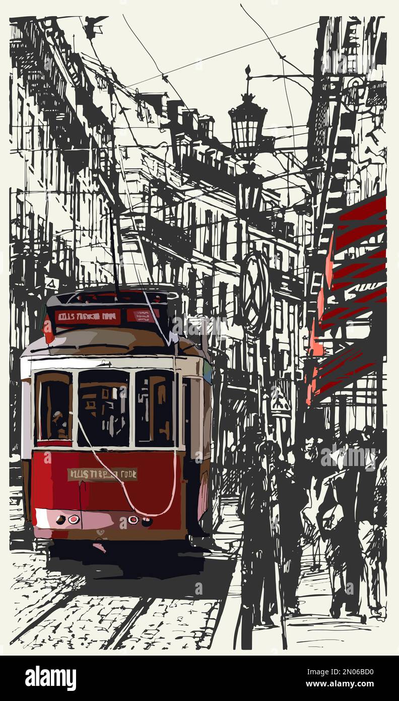 Lisbon, Portugal tramway near praca de Camoes - vector illustration (Ideal for printing, poster or wallpaper, house decoration) Stock Vector
