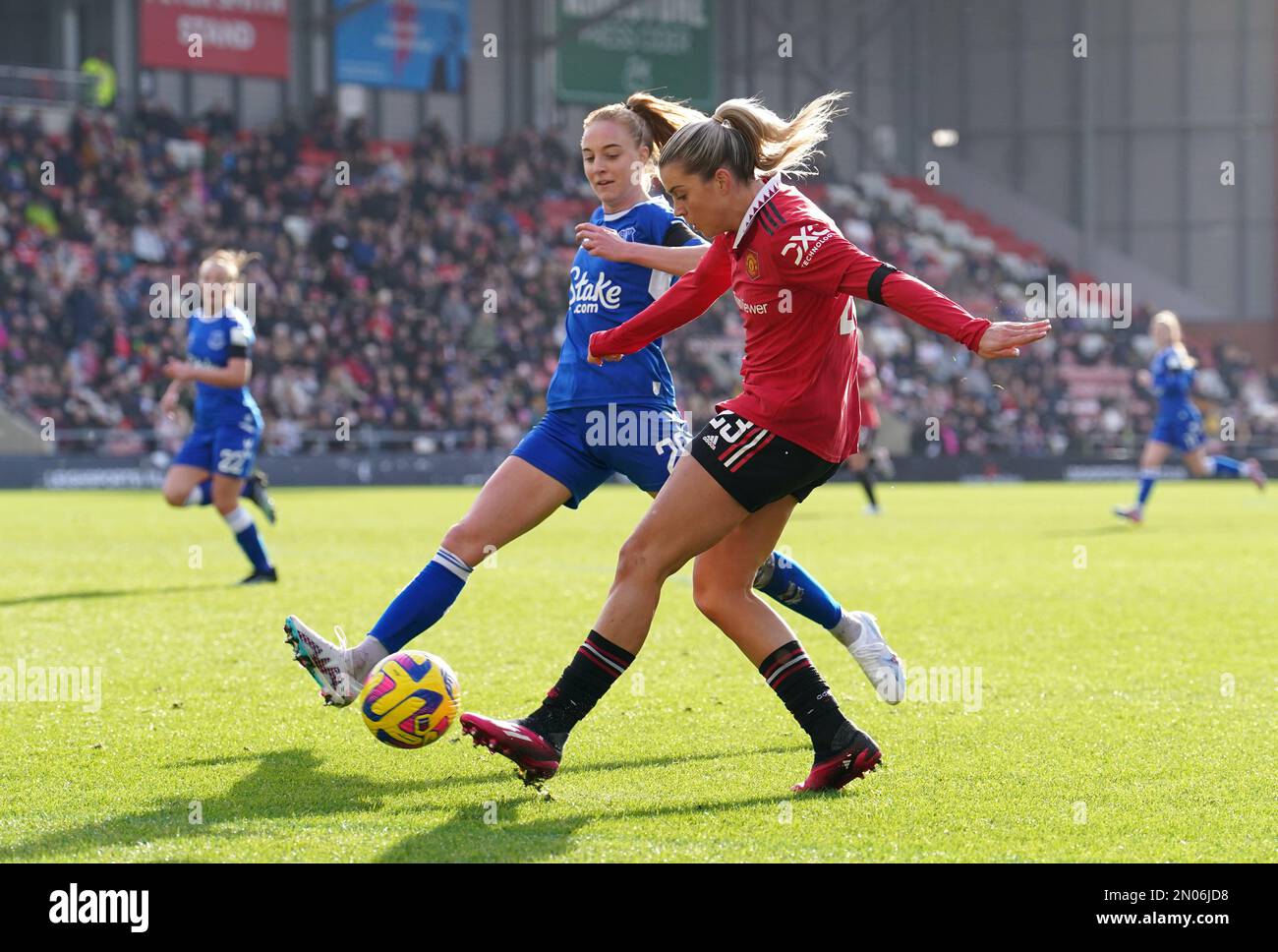 Manchester United's Alessia Russo shoots at goal, under pressure from Everton's Karen Holmgaard during the Barclays Women's Super League match at Leigh Sports Village, Leigh. Picture date: Sunday February 5, 2023. Stock Photo