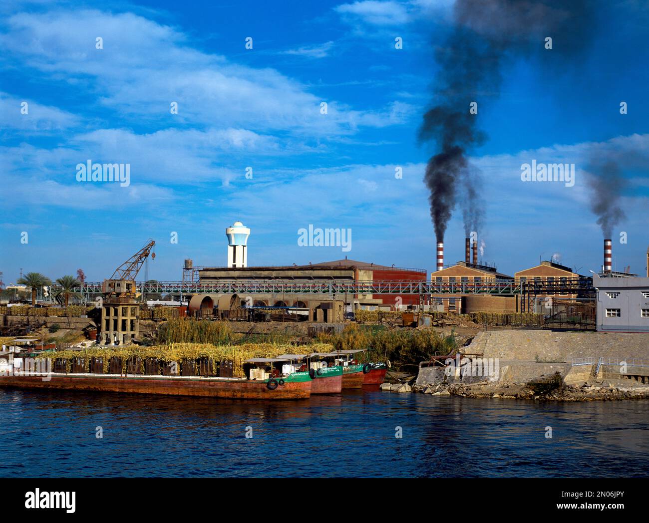 NIle Egypt Sugar Factory Between Luxor and Dandera Sugarcane on Barges