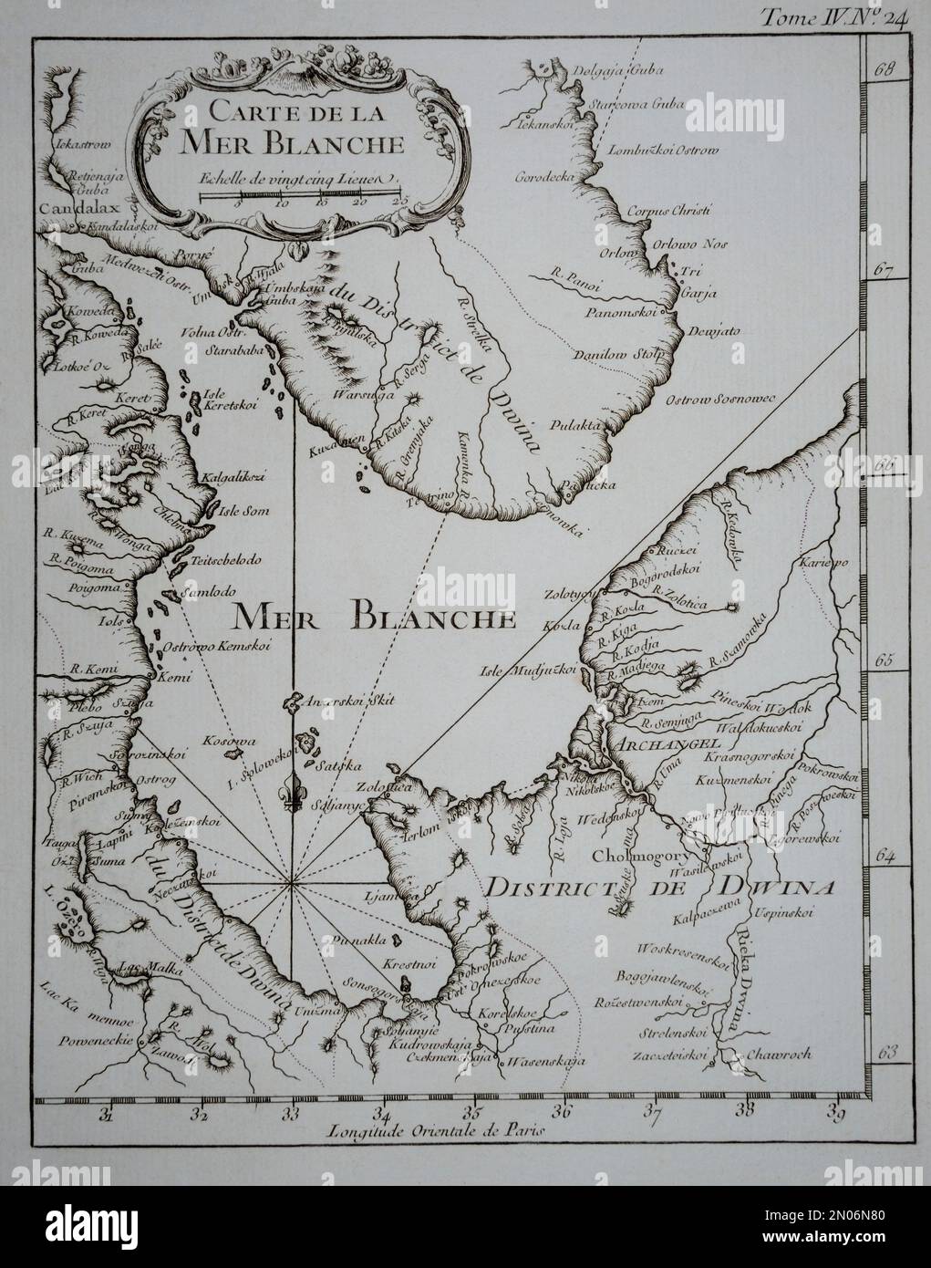 Carte de la Mer Blance by Jacques-Nicolas Bellin, 1764. This Bellin (1703-1772) map gives to you detailed understanding the Kingdom of Biarmia. The Ki Stock Photo