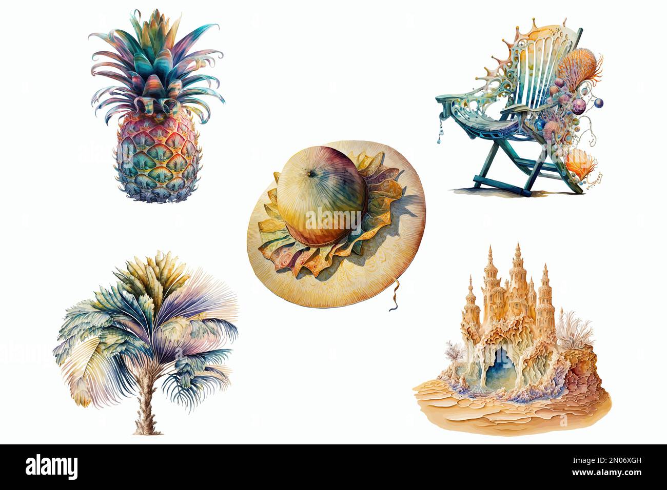 Watercolor summer set clipart. Summer Surfing and cocktails