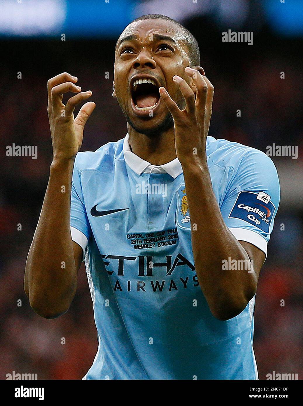 Manchester City's Fernandinho shouts during the English League Cup