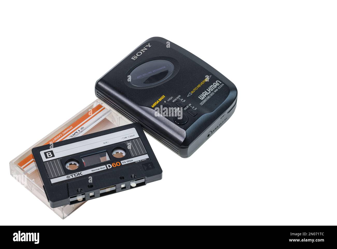 Closeup view of Sony Walkman audio player with TDK audio cassette