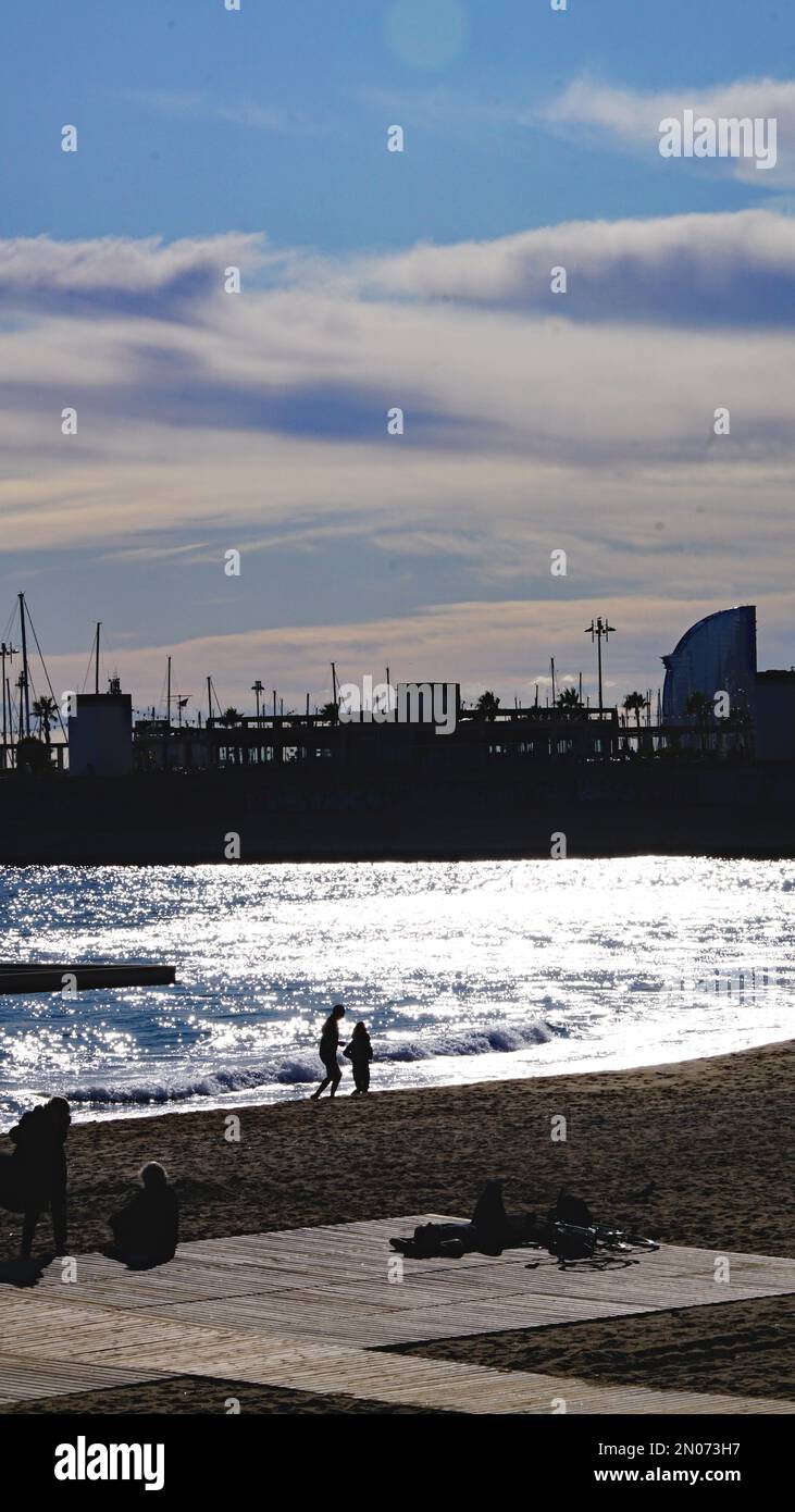 La Nova Icaria beach in winter, Barcelona, Catalunya, Spain, Europe Stock Photo