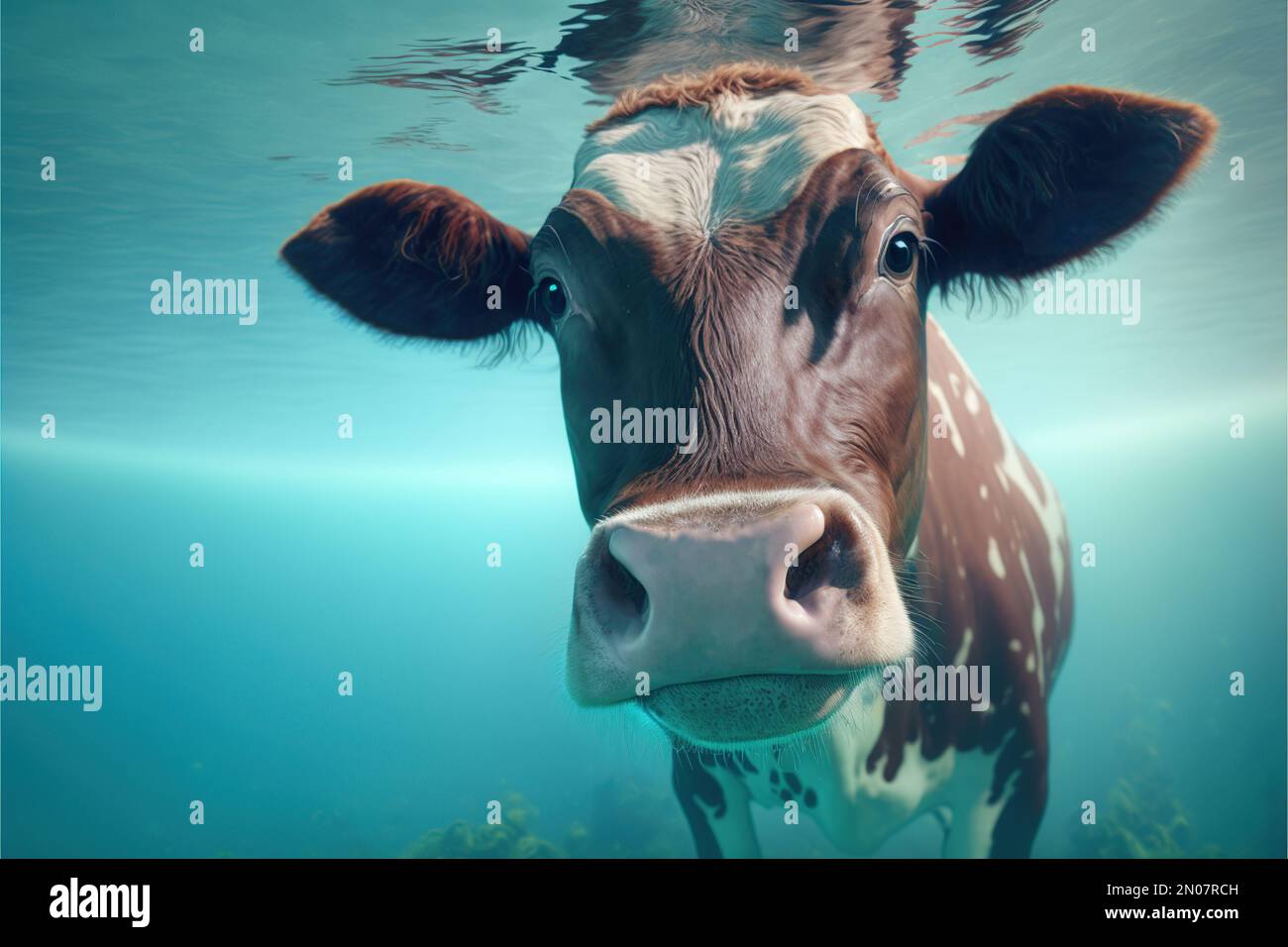 A digital illustration of a beautiful spotted cow swimming underwater