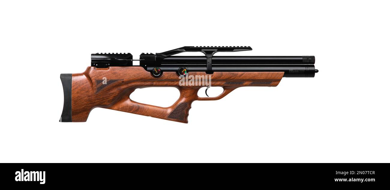 A modern air rifle with a futuristic design. Pneumatic weapon with a wooden  butt for sports and entertainment. Isolate on a white background Stock  Photo - Alamy