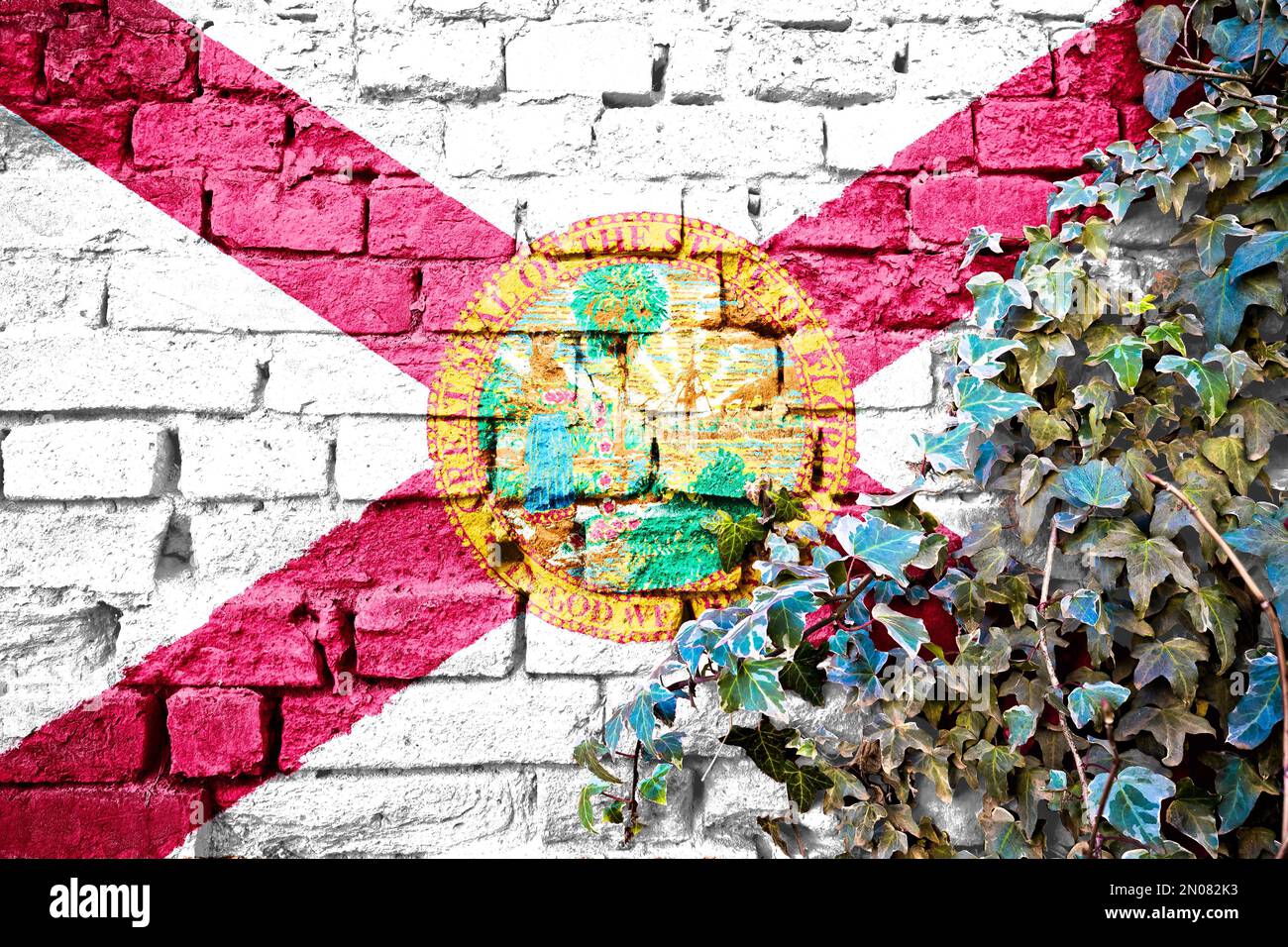 Florida grunge flag on brick wall with ivy plant, country symbol concept Stock Photo