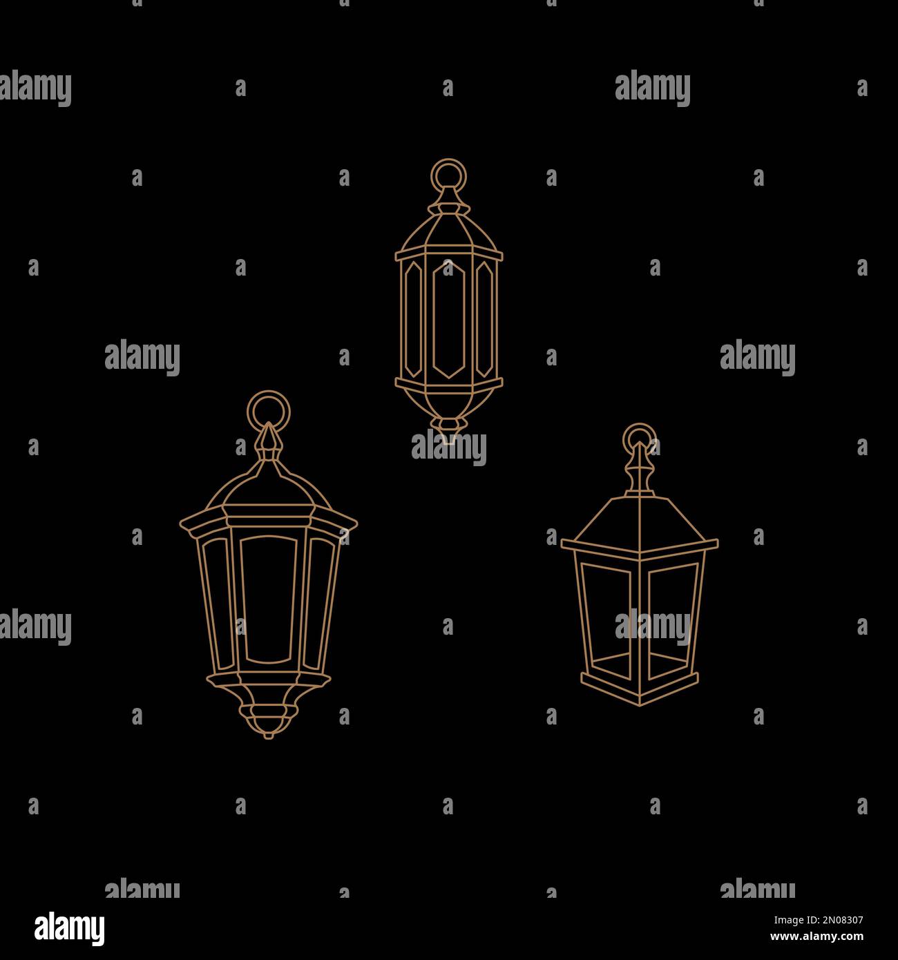 outline designs of different types of lanterns in isolated sets of white vector design