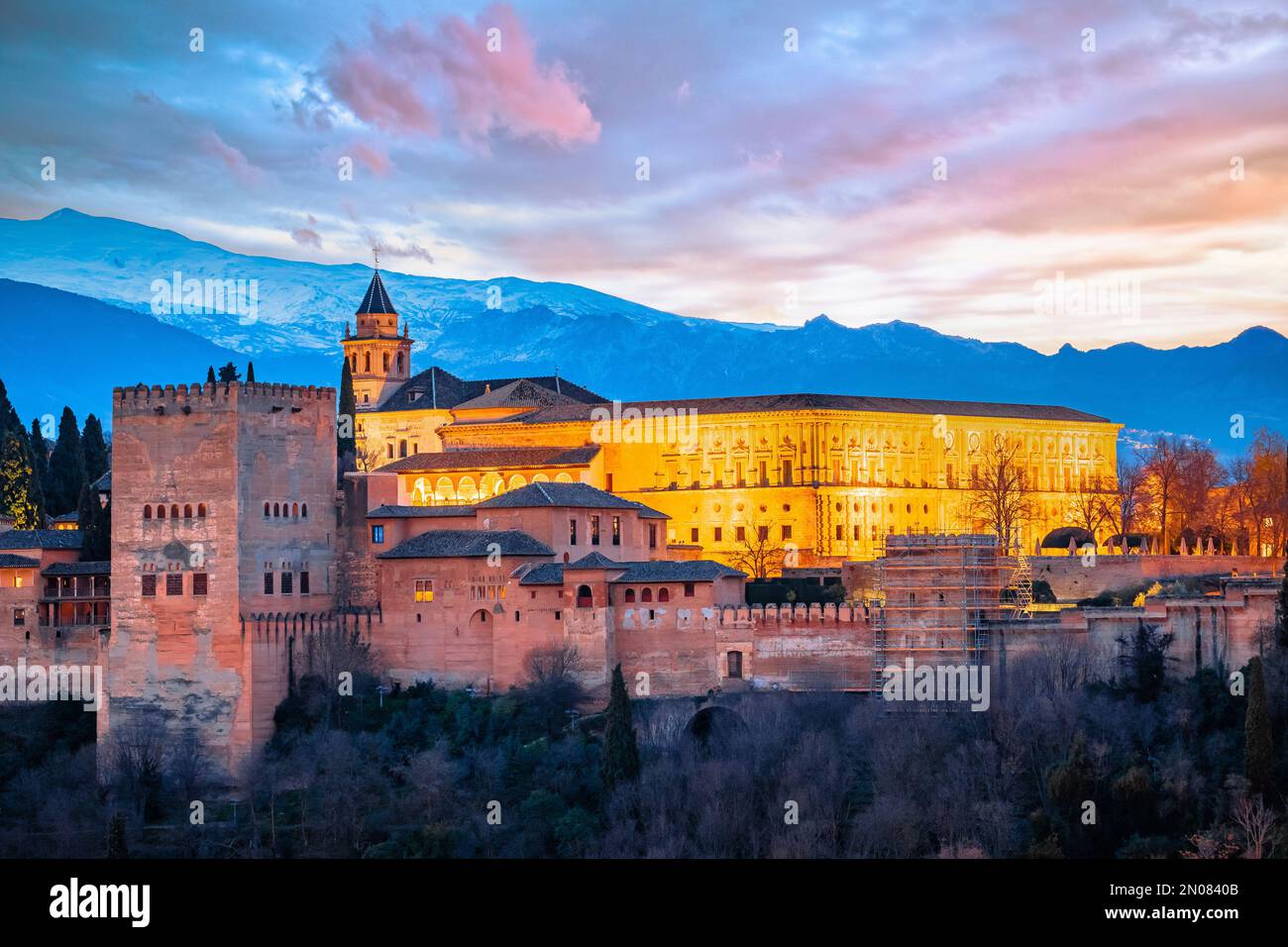 Ancient Alhambra Sunrise View UNESCO World Heritage Site In Granada 