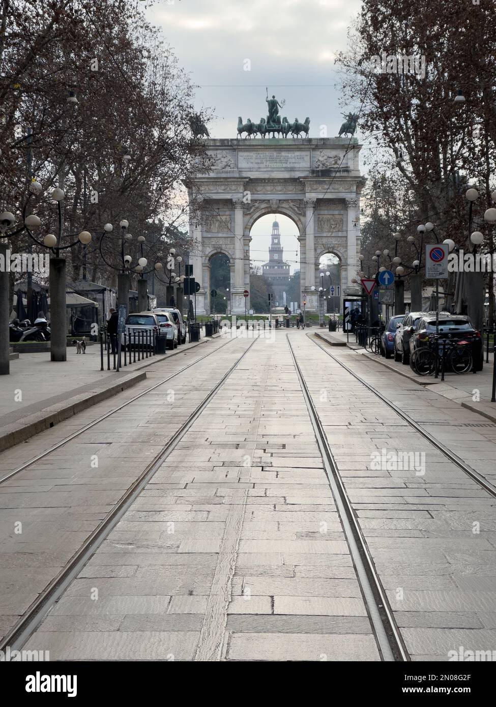 an amazing view of the 'Arco della Pace' from the distance during winter, Milan, Italy Stock Photo