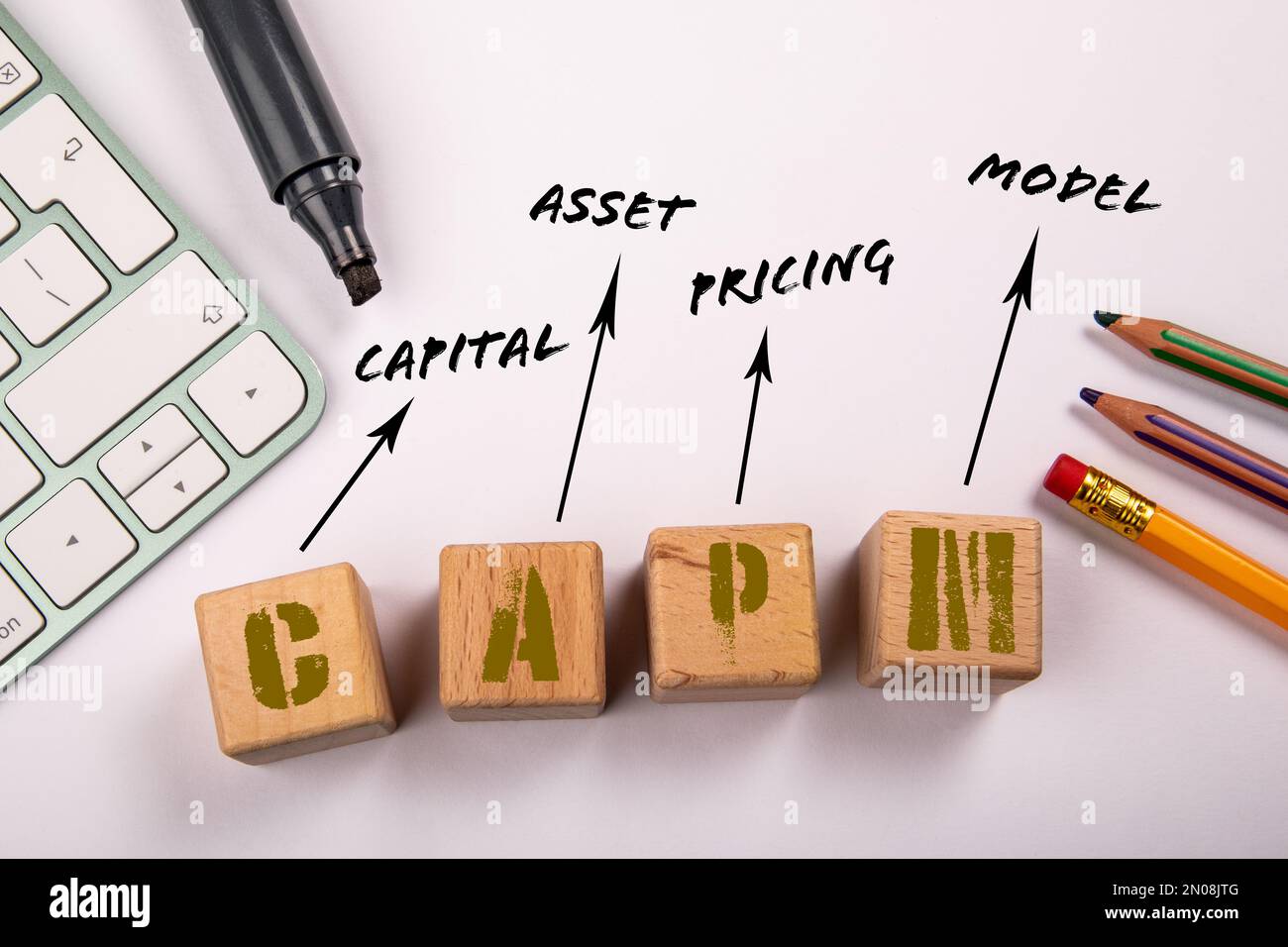 CAPM - Capital Asset Pricing Model. Wooden blocks on a white office table. Stock Photo