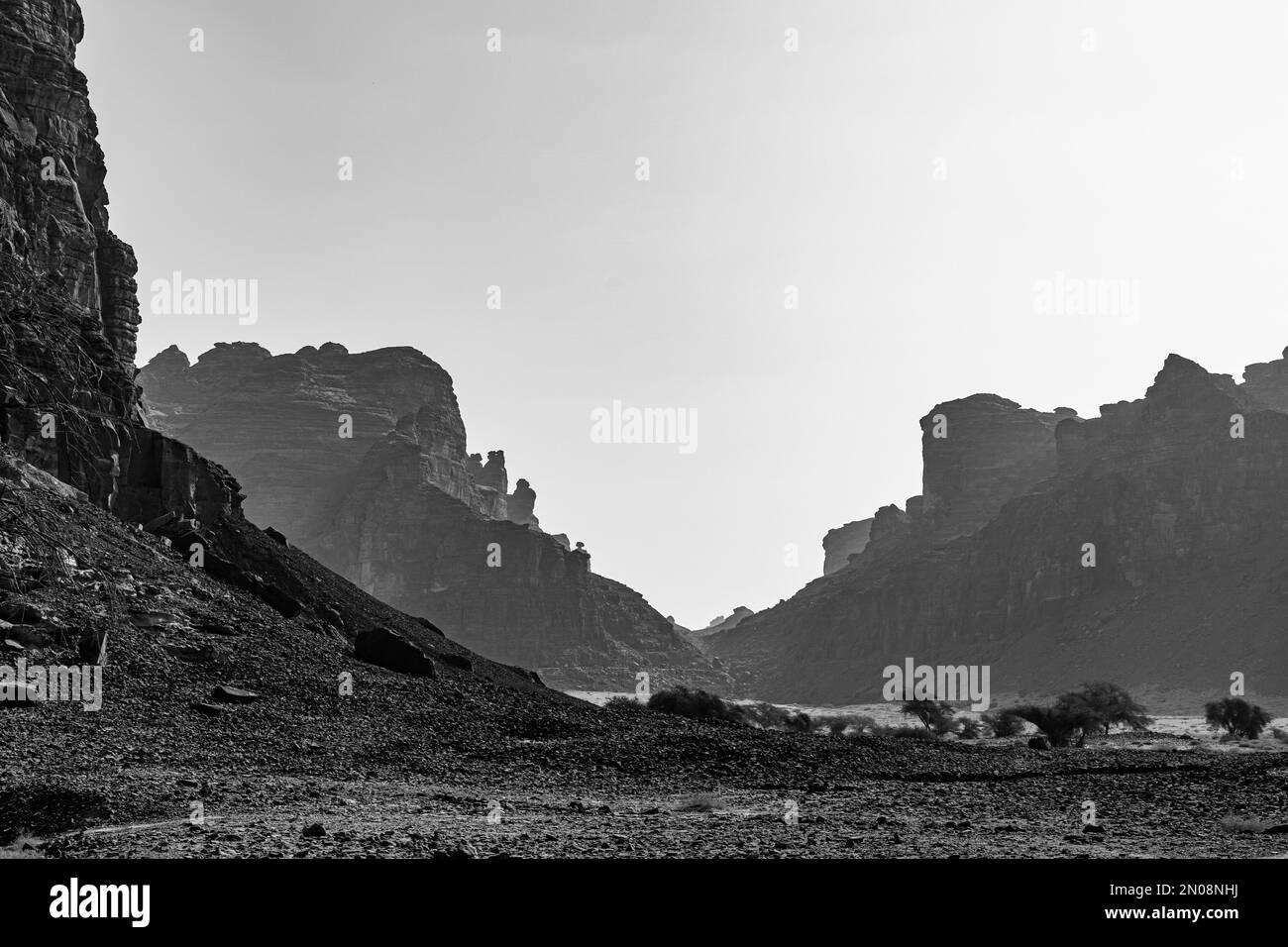 A greyscale of the sandstone mountains in the ancient AlUla, Saudi