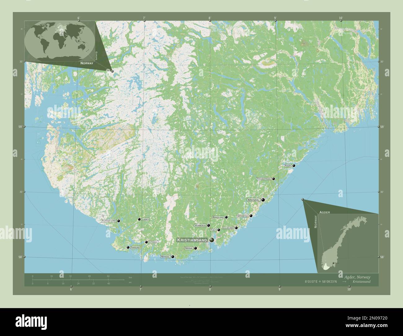 Agder, county of Norway. Open Street Map. Locations and names of major ...
