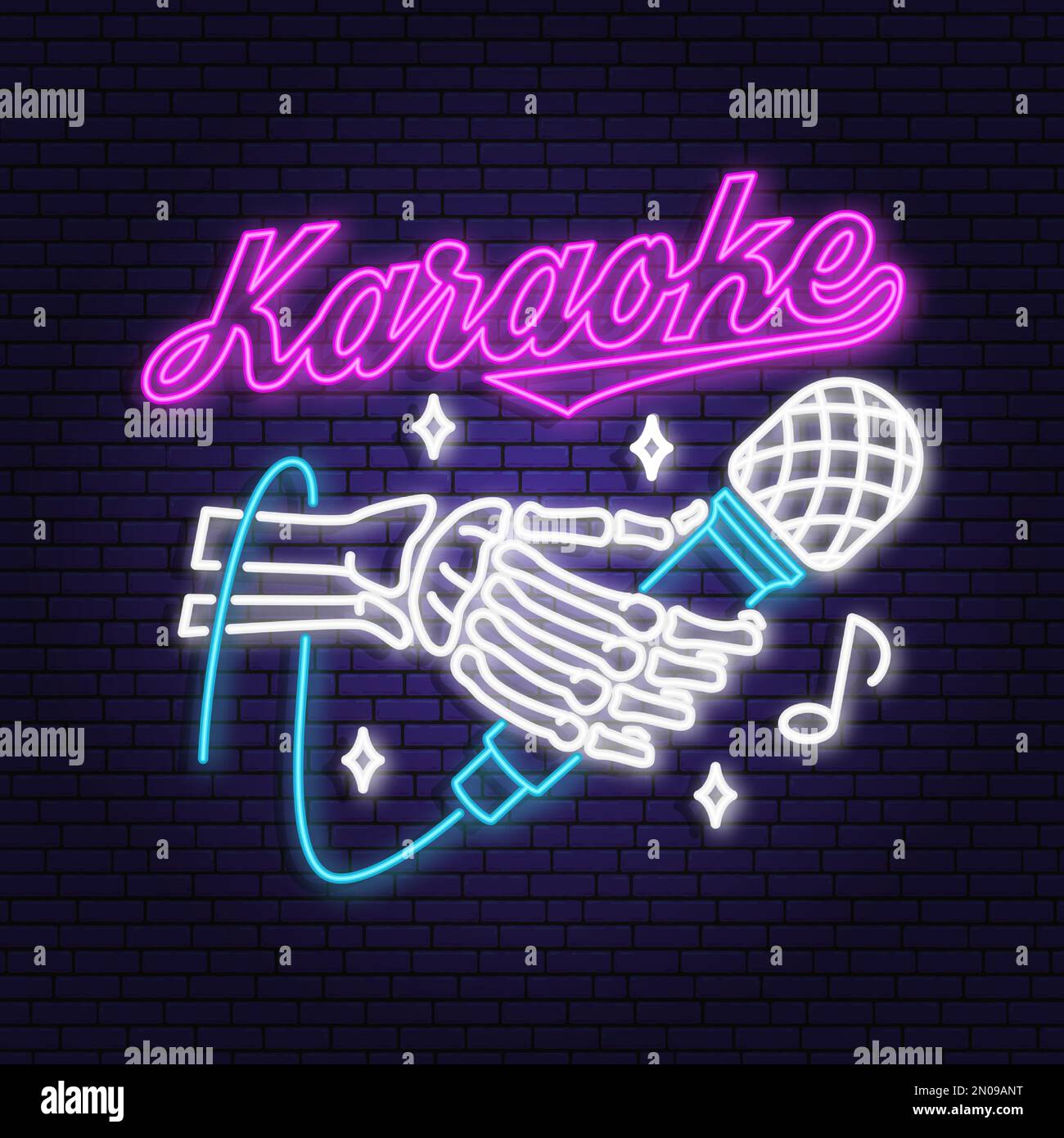 Karaoke neon poster, banner. Neon sign, emblem, bright signboard, light