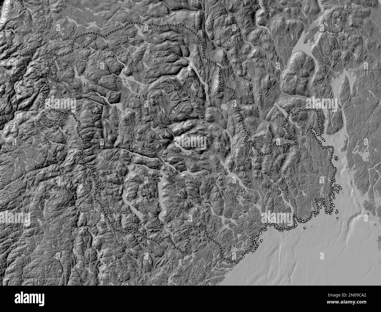 Vestfold og Telemark, county of Norway. Bilevel elevation map with lakes and rivers Stock Photo