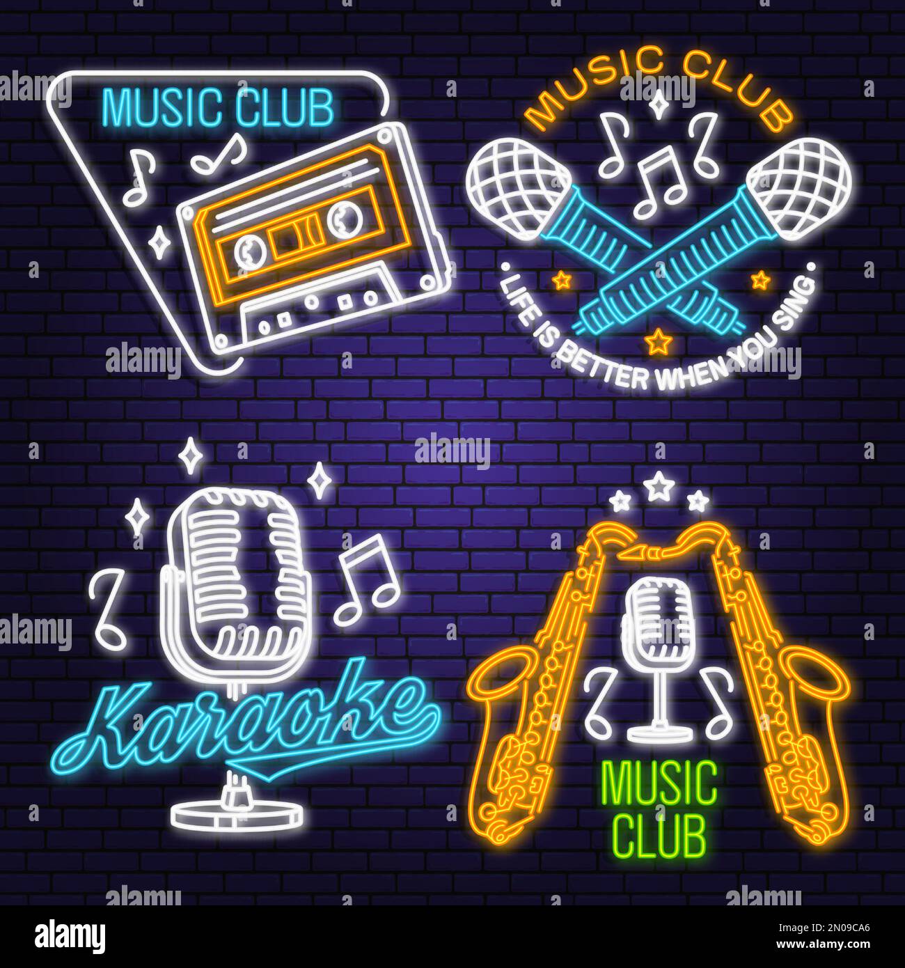 Retro music neon poster, banner. Neon sign, emblem, bright signboard