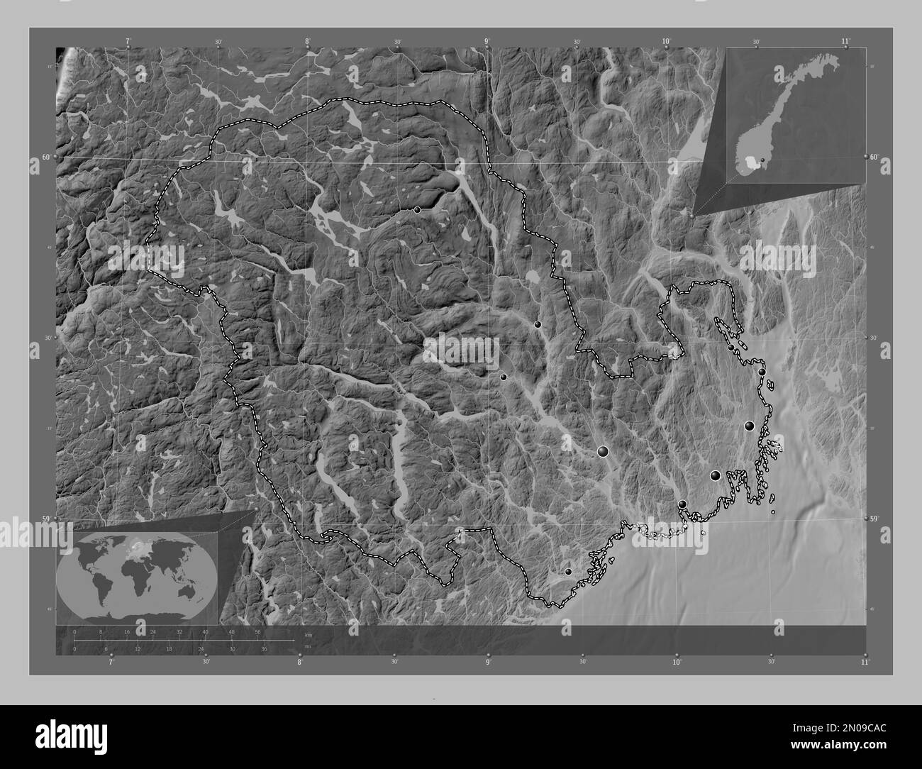 Vestfold og Telemark, county of Norway. Grayscale elevation map with lakes and rivers. Locations of major cities of the region. Corner auxiliary locat Stock Photo