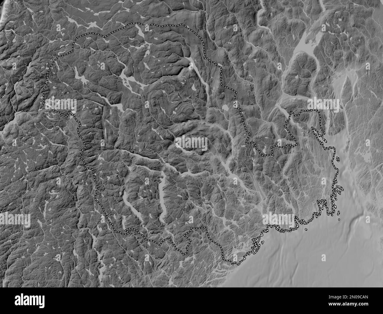 Vestfold og Telemark, county of Norway. Grayscale elevation map with lakes and rivers Stock Photo