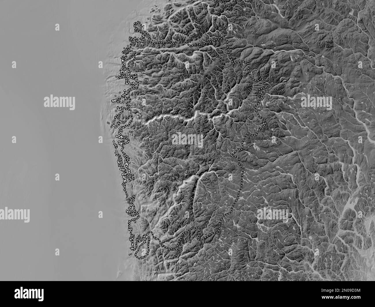 Vestland, county of Norway. Grayscale elevation map with lakes and rivers Stock Photo