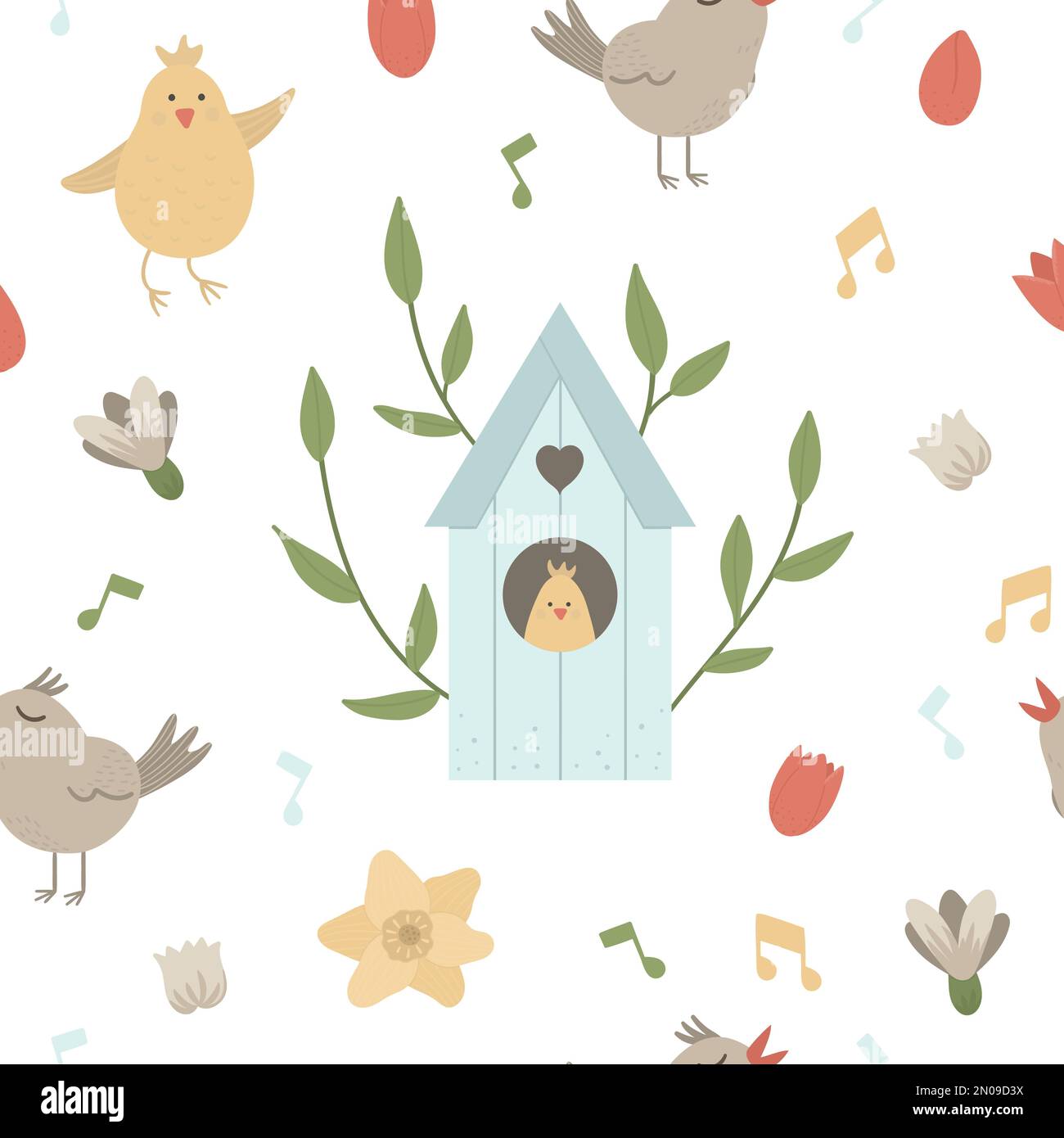 Vector seamless pattern with starling-house with leaves, chirping bird