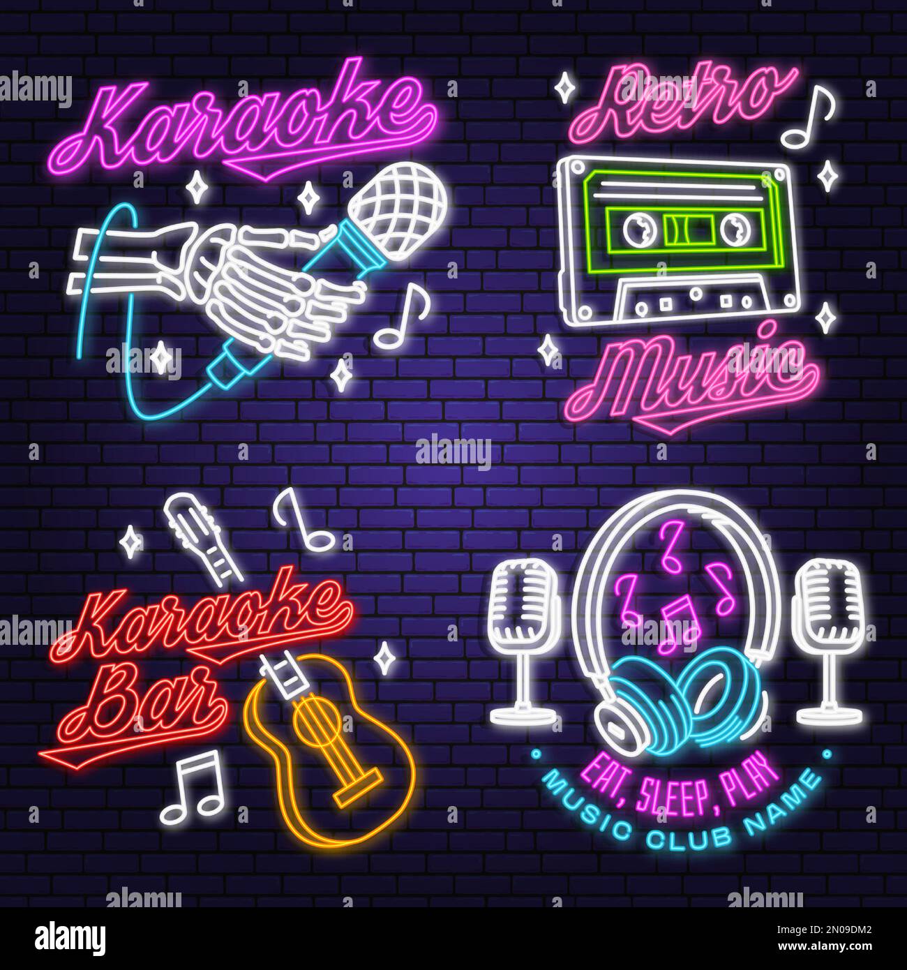 Retro music neon poster, banner. Neon sign, emblem, bright signboard