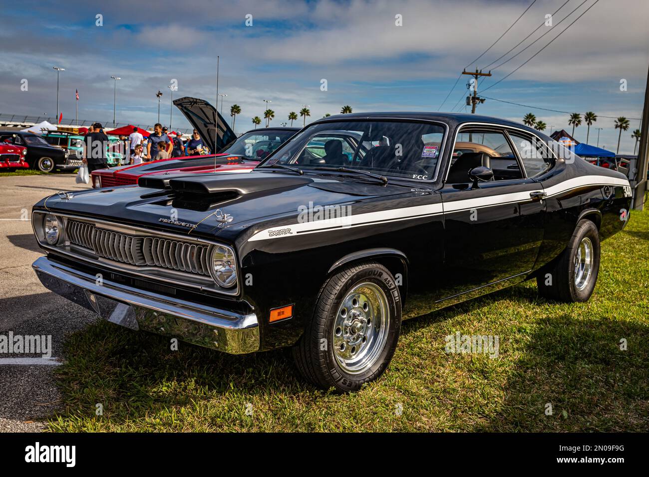 Daytona Beach, FL - November 26, 2022: High perspective front corner view of a 1972 Plymouth Duster 2 Door Hardtop at a local car show. Stock Photo