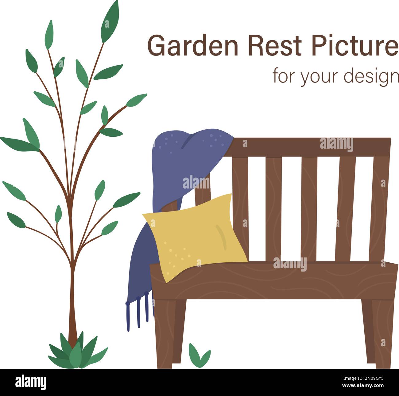 Vector illustration of garden bench with plaid, cushion, hat near the tree. Place for rest after garden work. Post gardening relaxation picture. Good Stock Vector