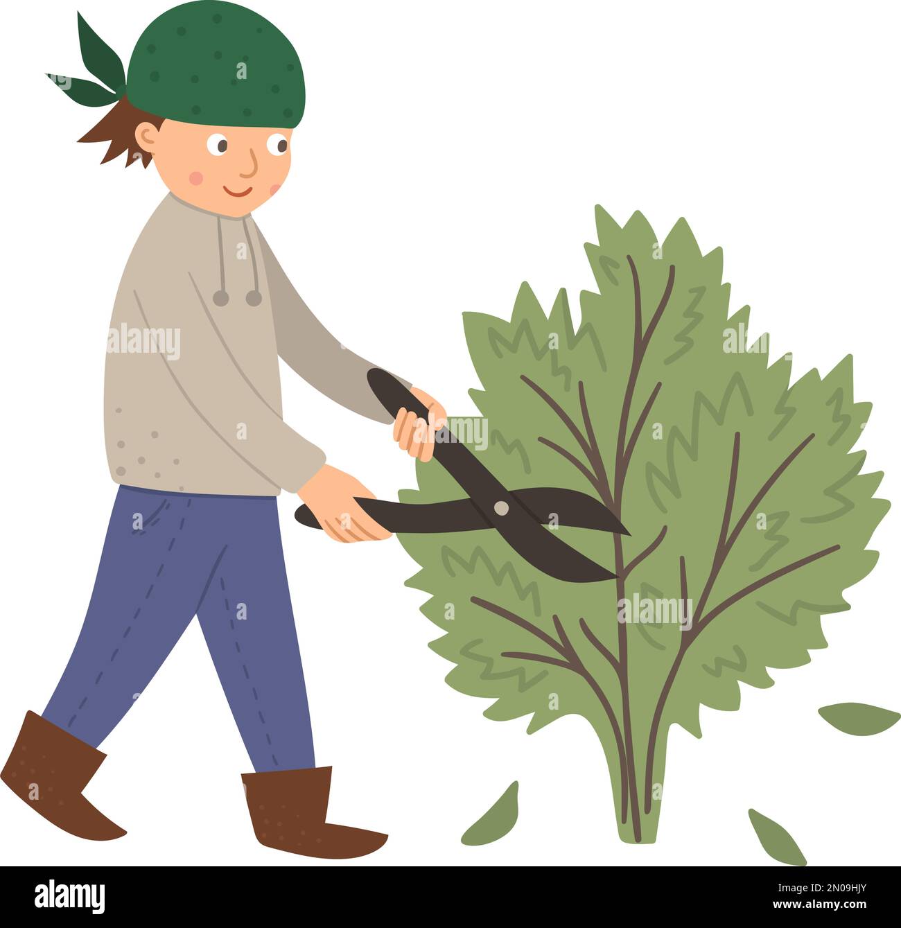 Vector illustration of a boy pruning bush with shears isolated on white background. Cute kid doing garden work. Spring gardening activity picture with Stock Vector
