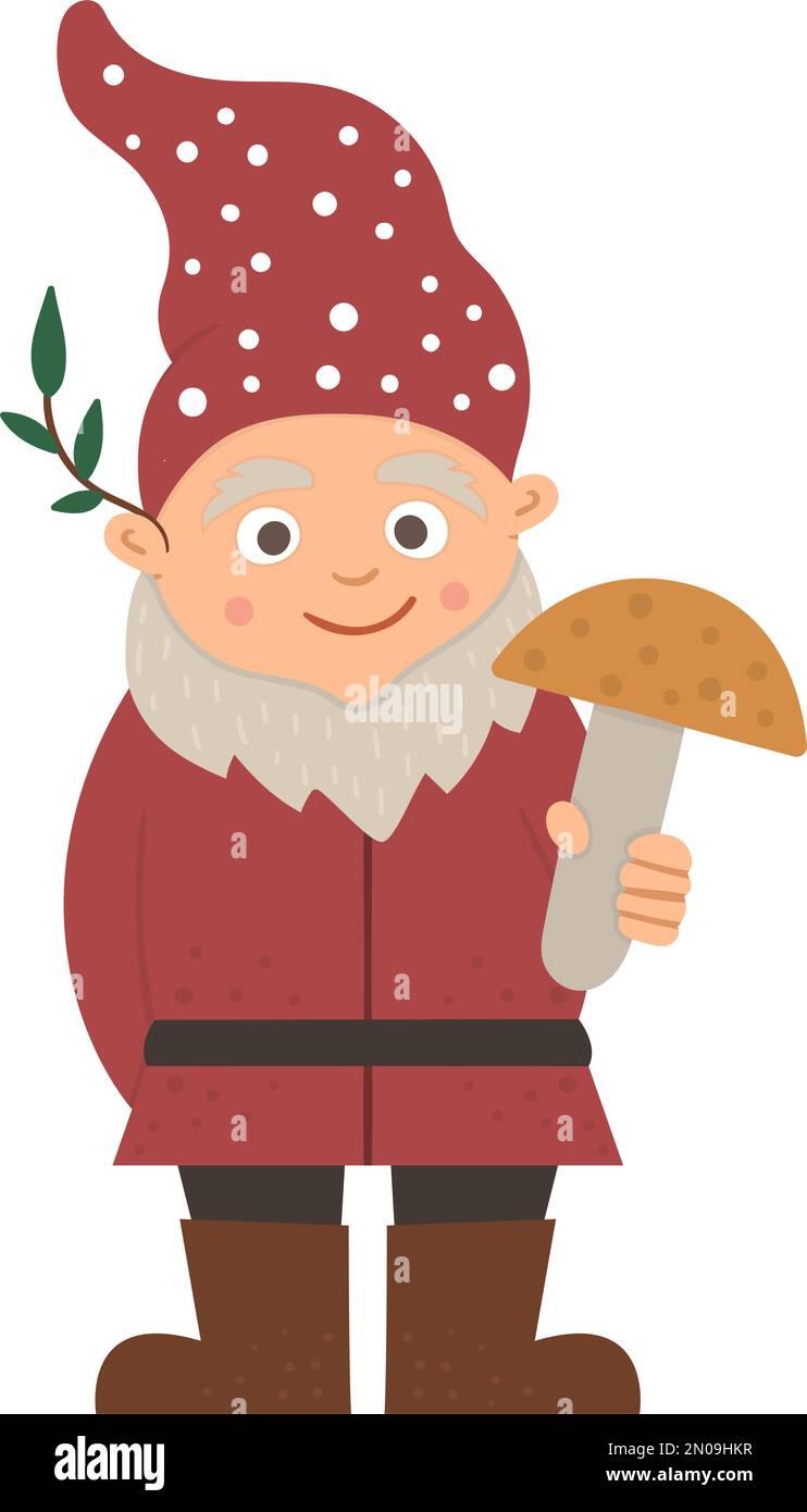 Vector cute garden gnome. Funny dwarf with mushroom isolated on white background. Traditional gardening leprechaun sculpture. Stock Vector