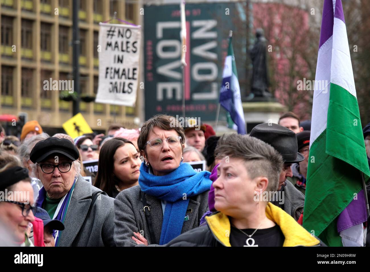 Glasgow, Scotland, UK. 5th February 2023.  Standing up for Women Rally in George Square, Stand Up for Women’s & Girls Rights and Safety. Demonstration against a law allowing men to use womens toilets and men being sent to womens prisons.   Credit: Craig Brown/Alamy Live News Stock Photo