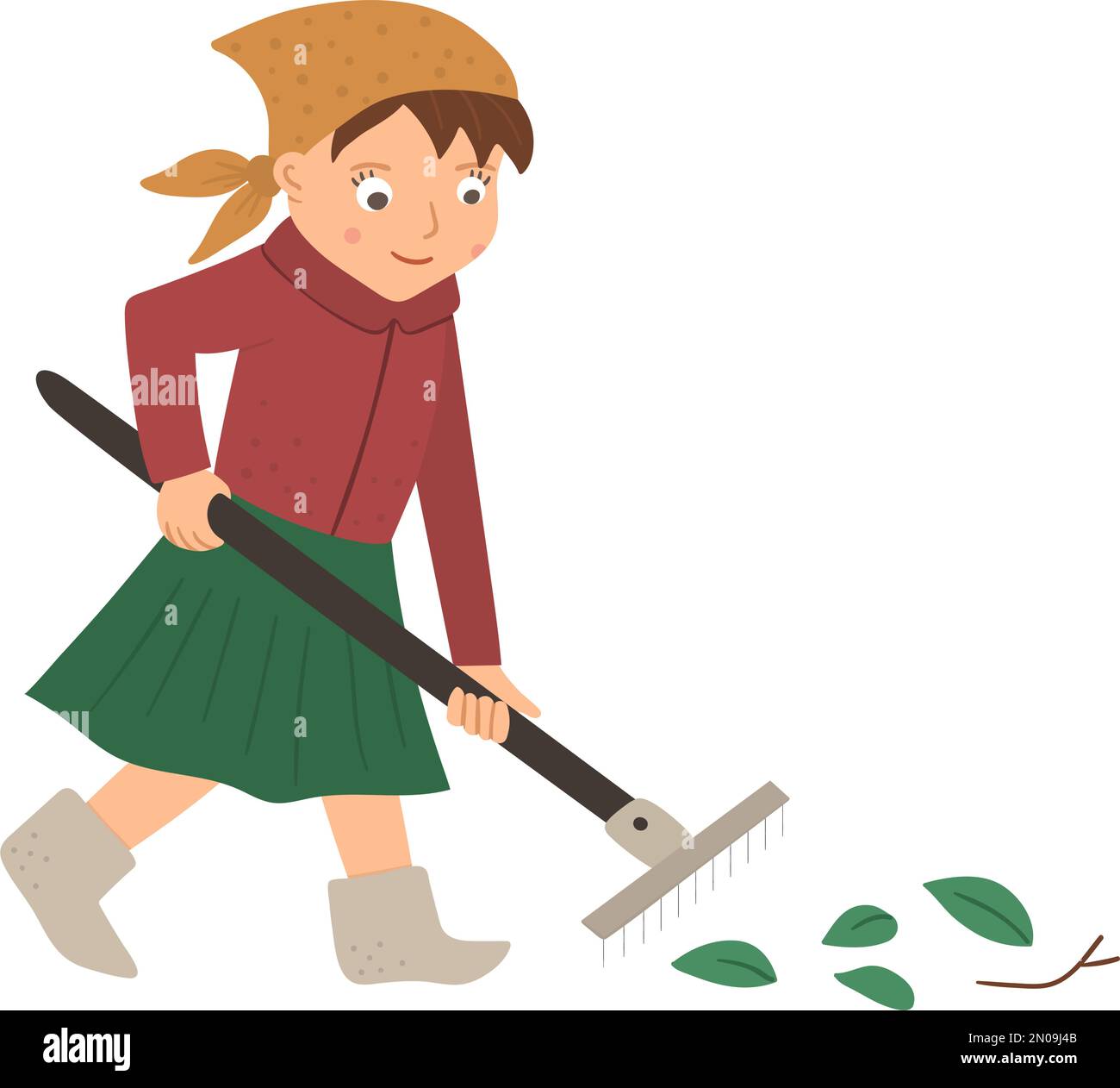 Vector illustration of a girl raking leaves with rakes isolated on
