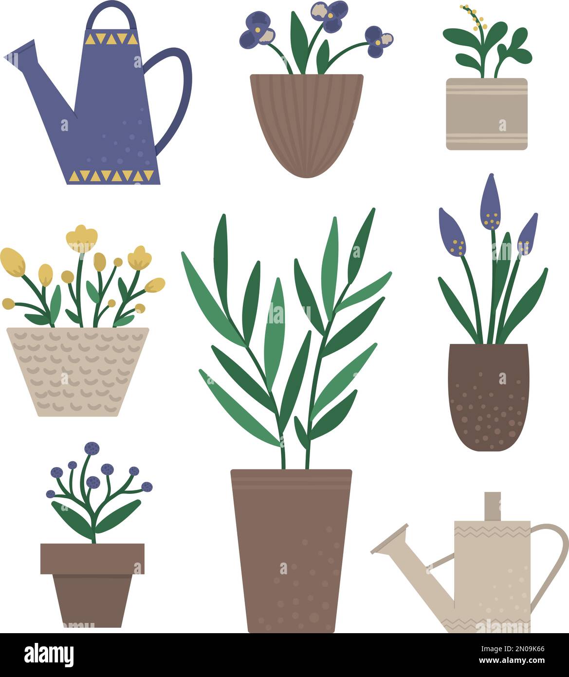 Vector illustration of plants in pots with watering cans. Flat trendy ...