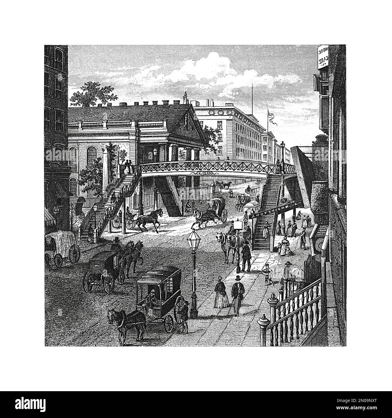 Antique engraving depicting street in New York in XVIII century. Illustration published in Systematischer Bilder Atlas - Bauwesen, Ikonographische Enc Stock Photo