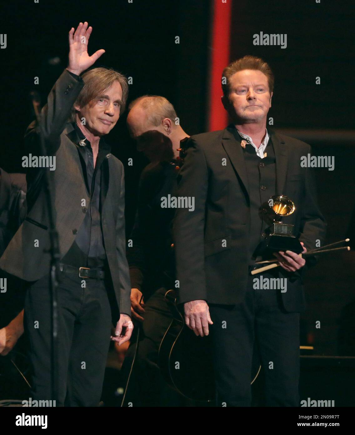 Jackson Browne, left, and Don Henley perform a tribute to Glenn Frey at