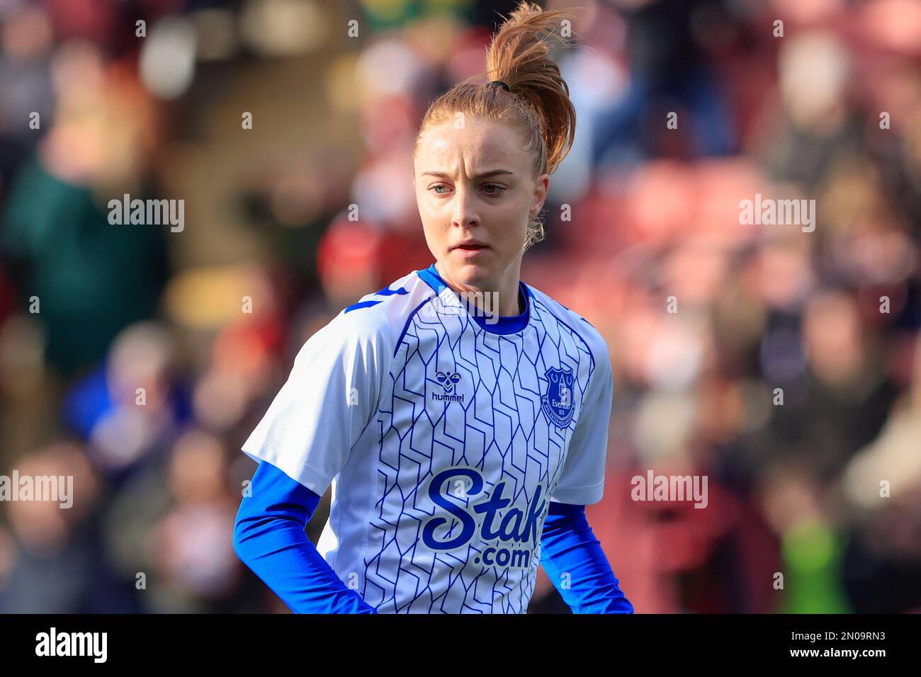 Karen Holmgaard #28 of Everton warms up for the The FA Women's Super League match Manchester United Women vs Everton Women at Leigh Sports Village, Leigh, United Kingdom, 5th February 2023  (Photo by Conor Molloy/News Images) Stock Photo