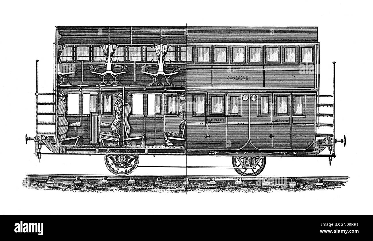 Antique illustration of passenger car in XIX century. Illustration
