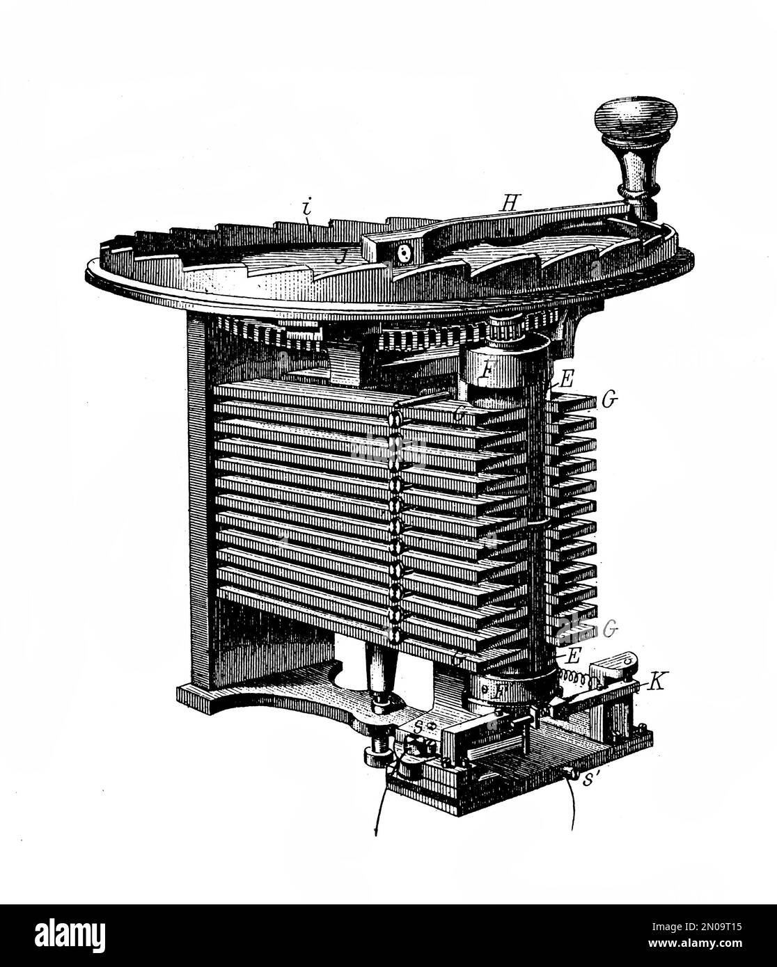 Antique 19th-century illustration depicting electromagnetic telegraph, manufactured by Siemens & Halske AG, founded in 1847 by Ernst Werner von Siemen Stock Photo
