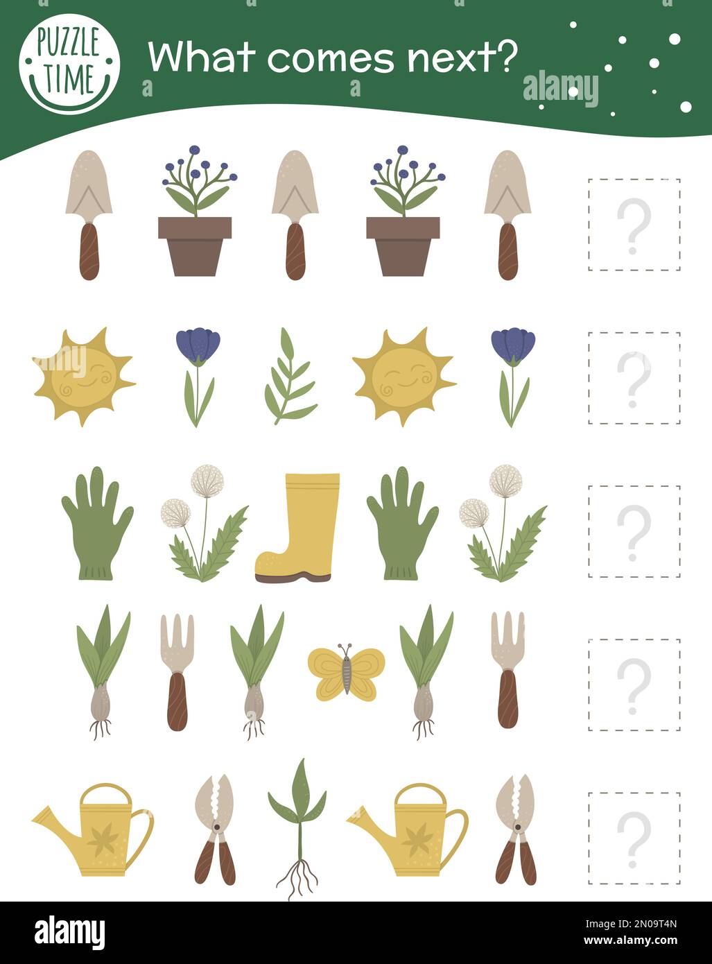 What comes next. Garden matching activity for preschool children with gardening symbols. Funny spring game for kids. Logical quiz worksheet. Continue Stock Vector