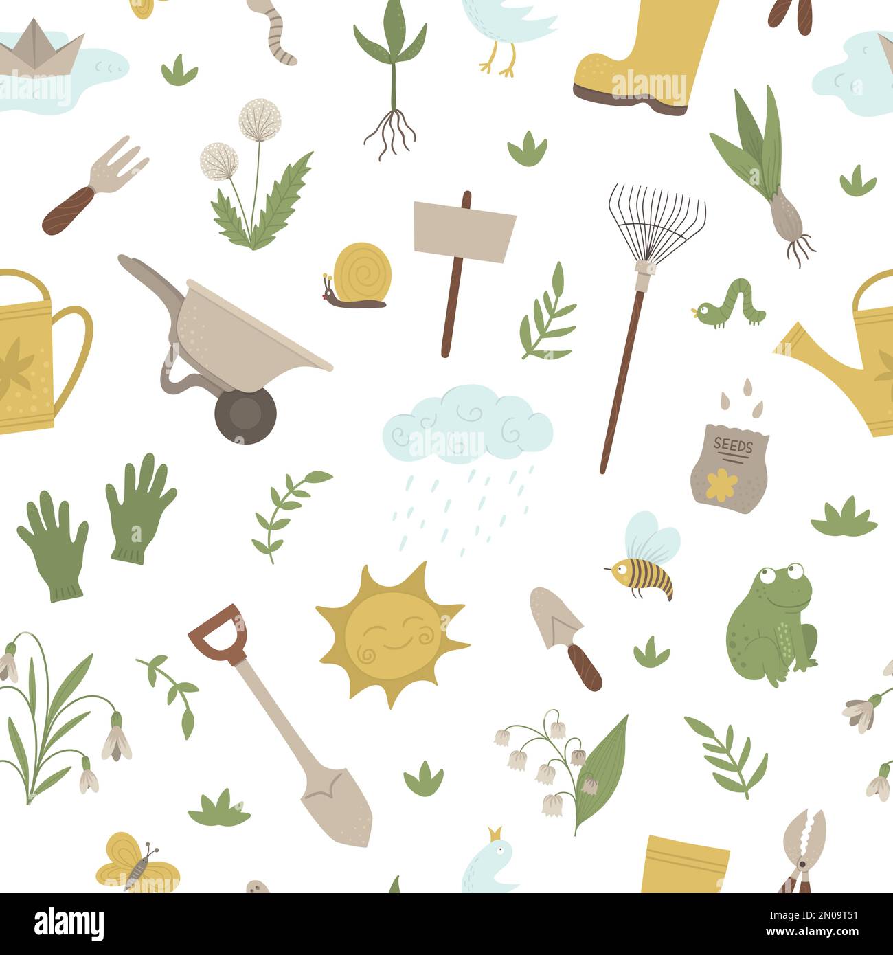 Vector seamless pattern with garden things, tools, flowers, herbs, plants. Repeat background with gardening equipment. Flat spring texture. Stock Vector