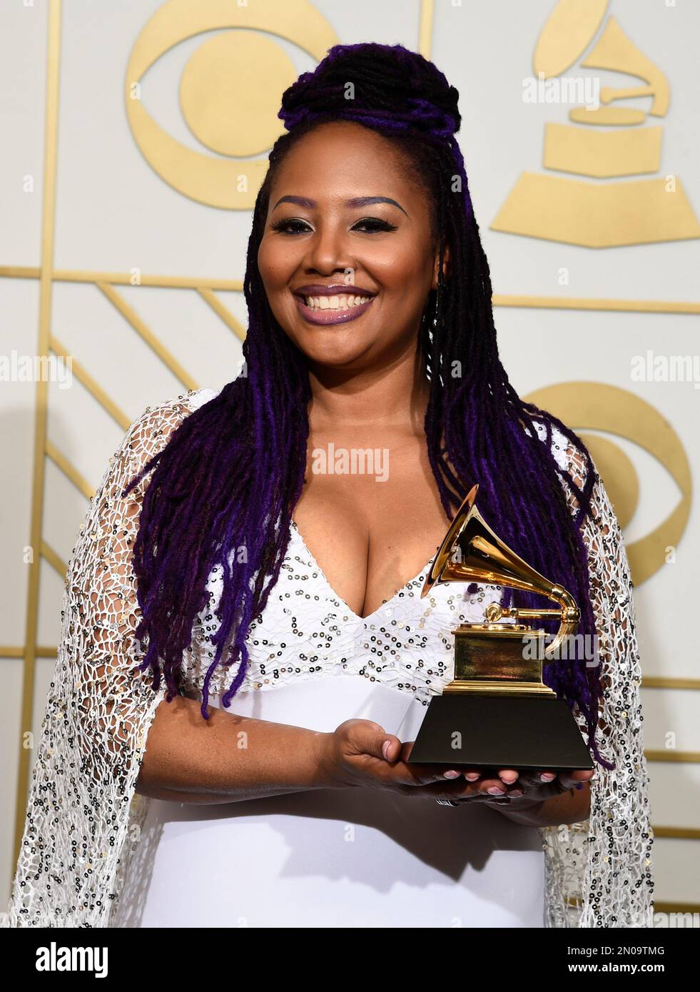 Lalah Hathaway poses in the press room with the award for best traditional R&B performance for