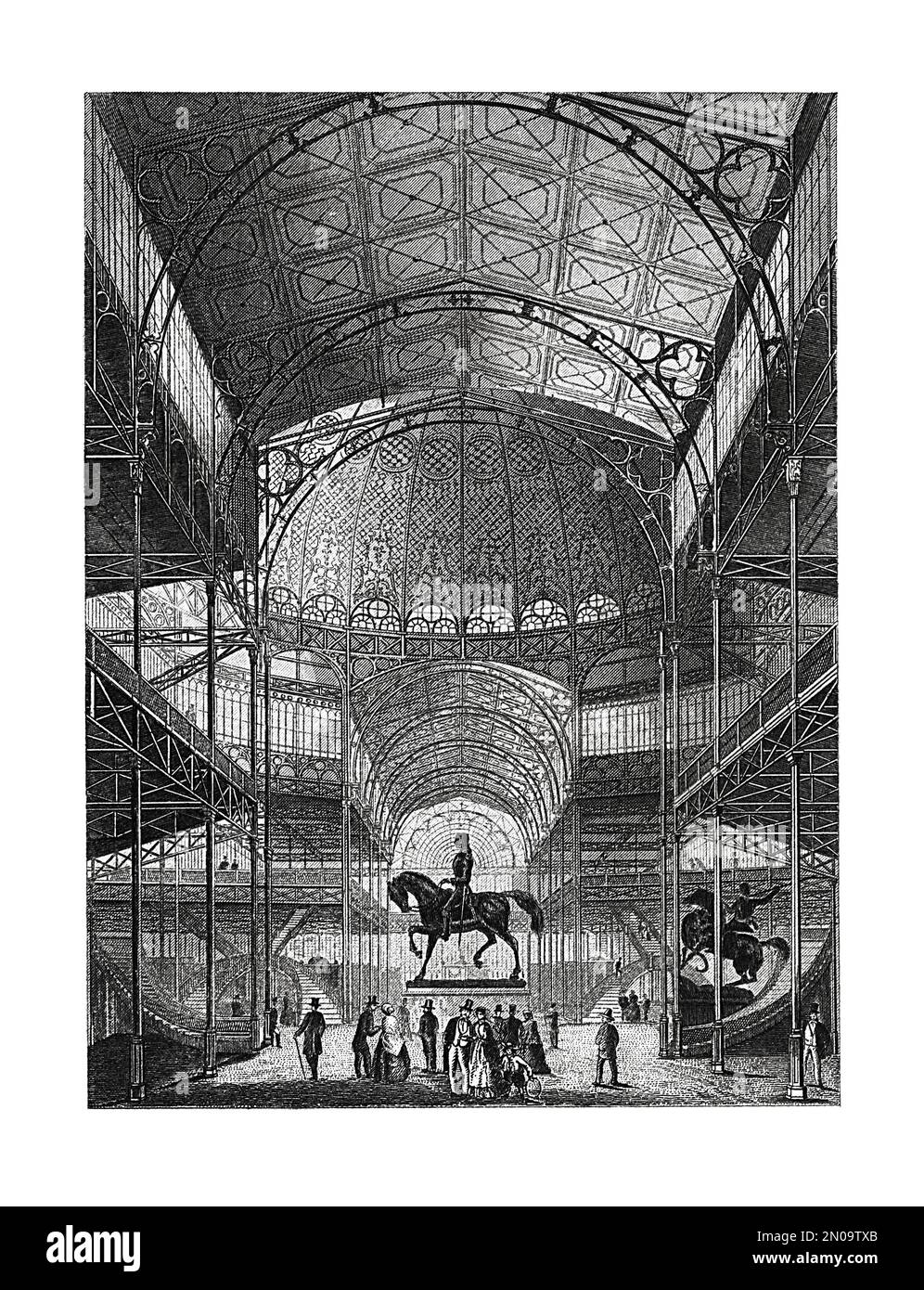 Antique 19th-century engraving depicting interior of New York Crystal Palace. The palace was designed by Georg Carstensen and Charles Gildemeister. Stock Photo