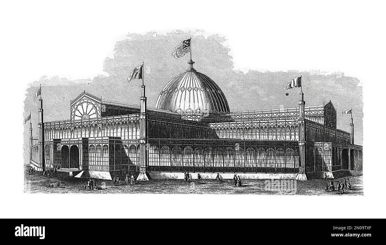 Antique 19th-century illustration depicting New York Crystal Palace, designed by Georg Carstensen and Charles Gildemeister. Engraving published in Sys Stock Photo