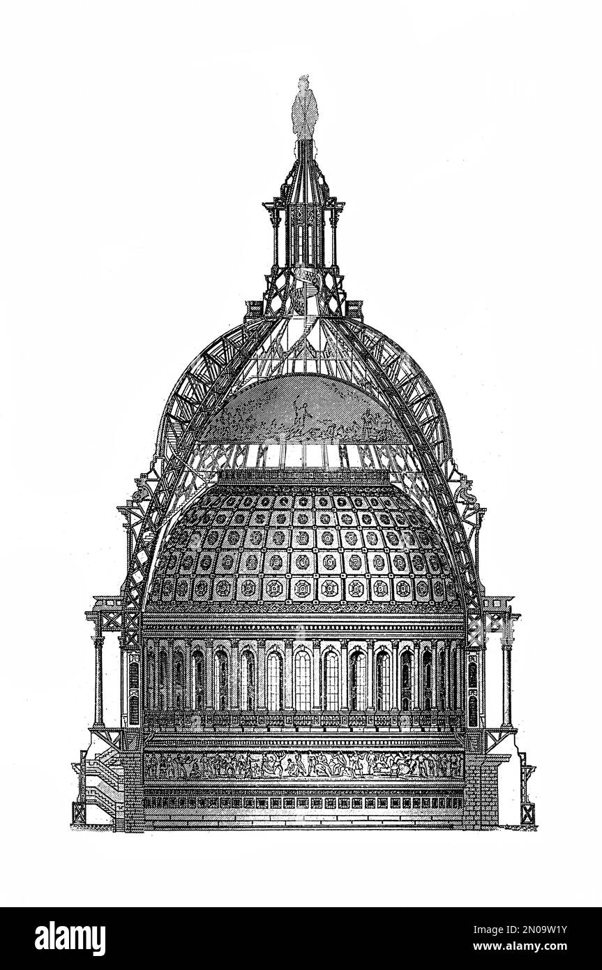 Antique illustration depicting the United States Capitol dome in Washington, D.C. The dome was designed by Thomas U. Walter and constructed between 18 Stock Photo