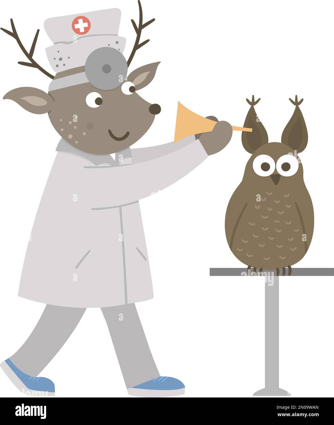 Vector animal doctor treating patient. Deer checking owl’s ears. Cute funny characters. Medicine
