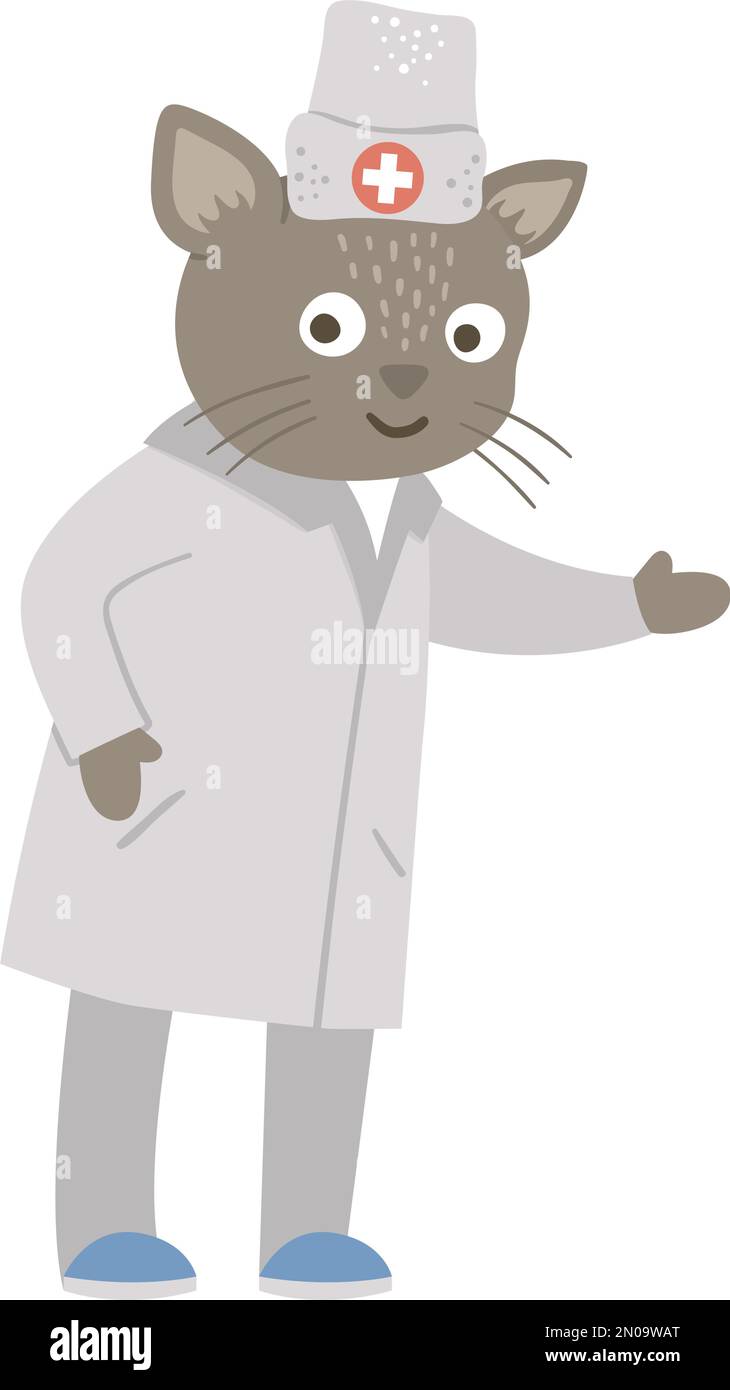Vector animal doctor. Cute funny cat character. Medical picture for