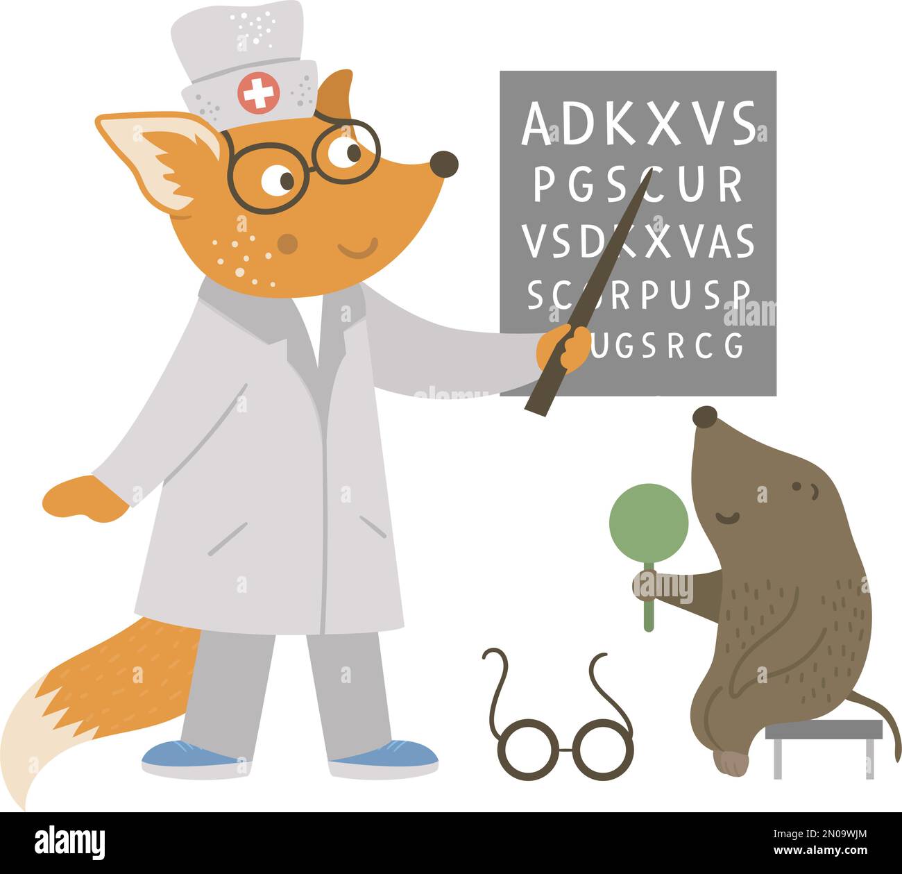 Vector animal doctor treating patient. Squirrel checking mole’s eyesight. Cute funny characters